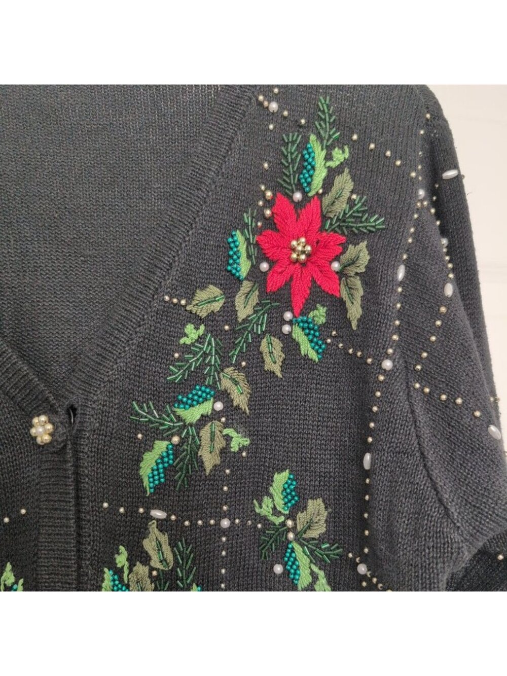 Victoria Jones Beaded Poinsettia Cardigan Womens Size Medium Black Christmas - Picture 3 of 10